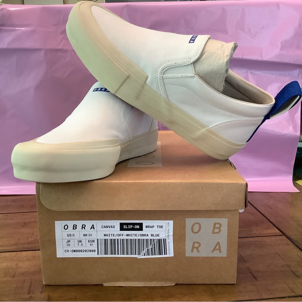 NIB OBRA Unisex Off-White Canvas Slip-On Shoes Made in Brazil Men’s 8-Wms 9.5